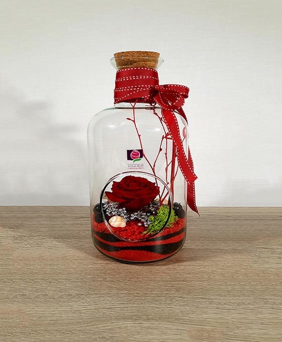 Rosa roja en botella de cristal cerrada con agujero lateral