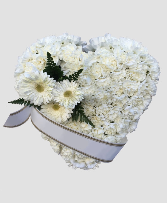 Corazón funerario de claveles y gerberas blancas
